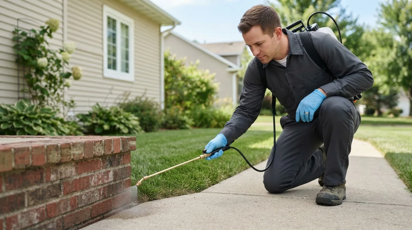 Pest control technician treating a home near Saline, MI